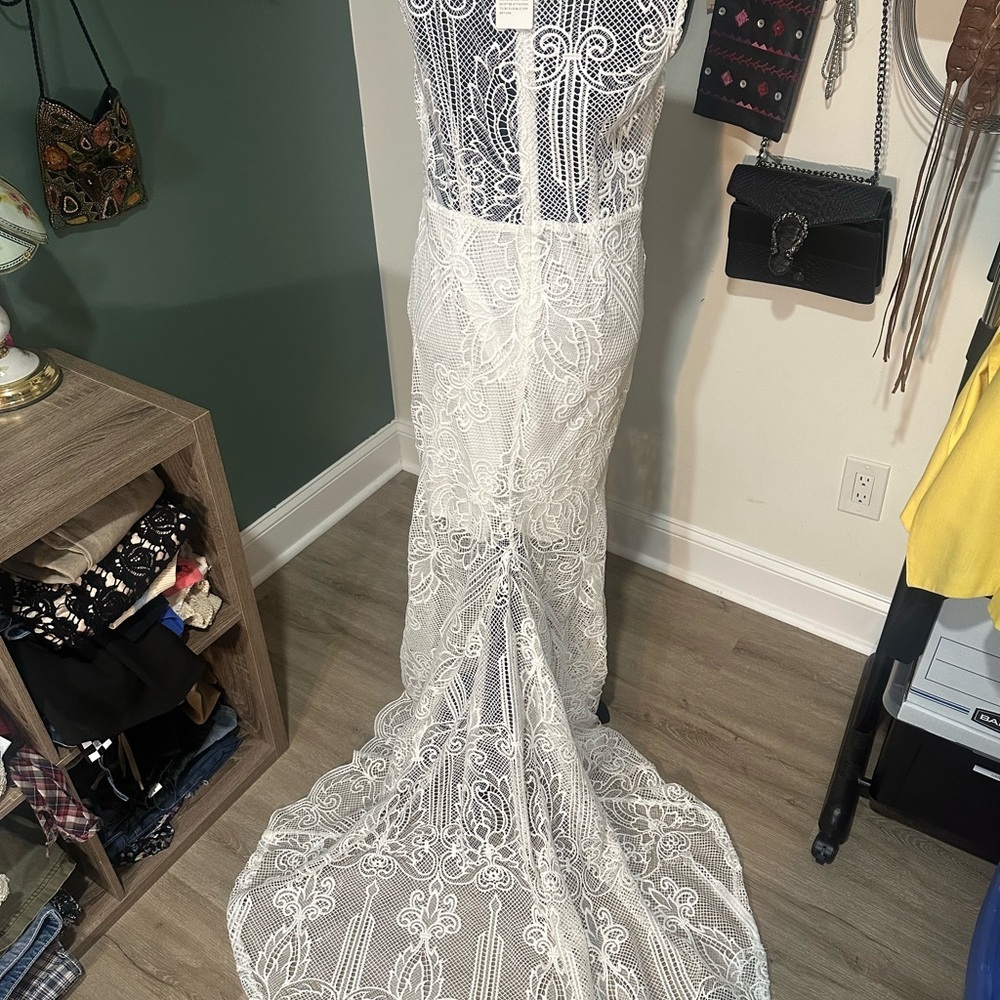 Sheilay White Lace Maxi Dress Mermaid Train Boho Bridal Sleeveless Size Large - Picture 2 of 6